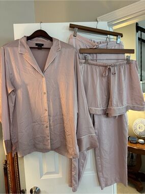 Natori Dusty Pink Satin Pajama Set - Long Sleeve Top, Pants & Shorts